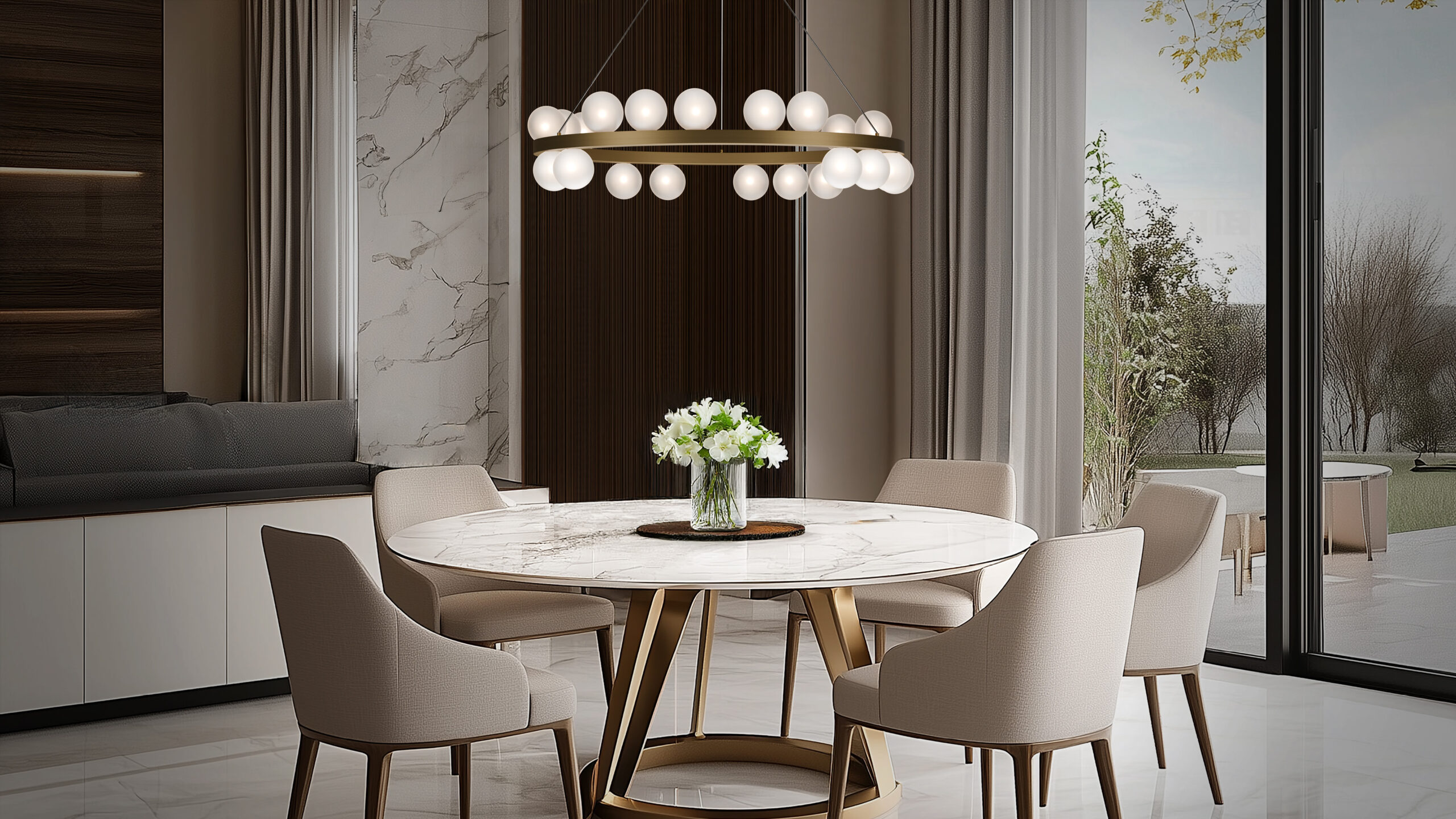 Carousel LED pendant by dweLED hanging over dining room table